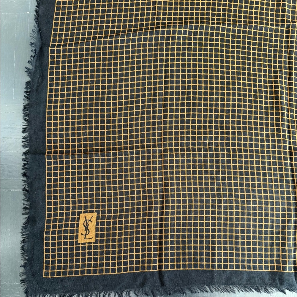 Yves Saint Laurent Scarf in Black and Gold Grid With Fringe